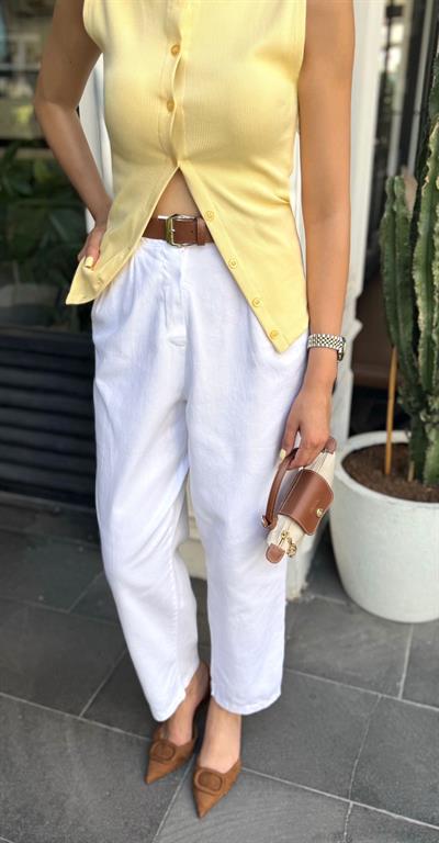 KETEN BİLEK BOY KEMERLİ PANTOLON BEYAZ