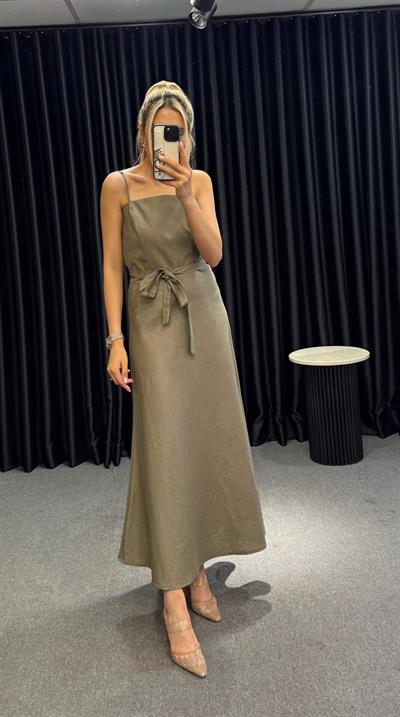 KETEN KEMERLİ ELBİSE HAKİ