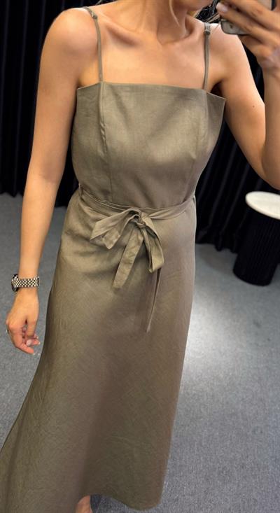 KETEN KEMERLİ ELBİSE HAKİ