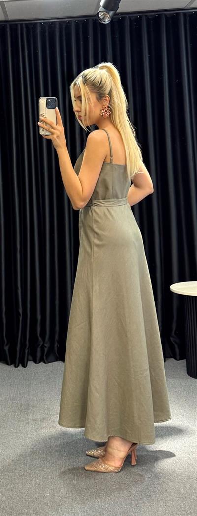 KETEN KEMERLİ ELBİSE HAKİ