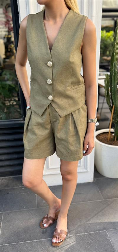 KETEN TASARIM DÜĞMELİ KEMERLİ ŞORT YELEK TAKIM HAKİ