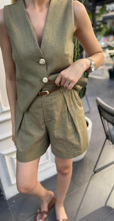 KETEN TASARIM DÜĞMELİ KEMERLİ ŞORT YELEK TAKIM HAKİ