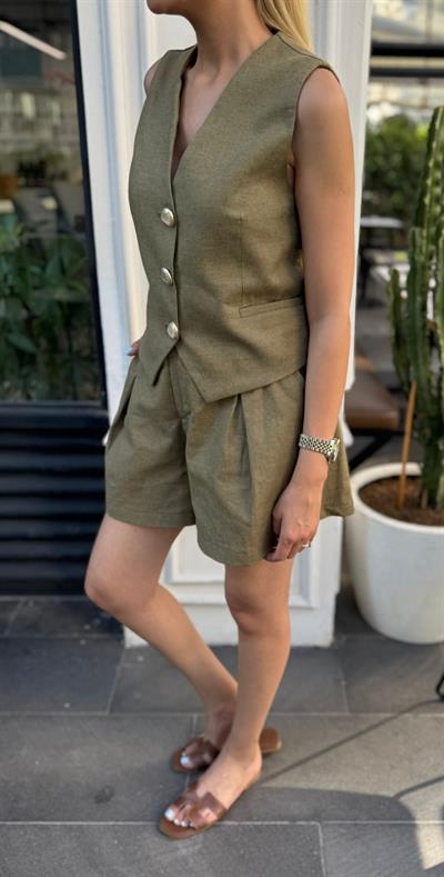 KETEN TASARIM DÜĞMELİ KEMERLİ ŞORT YELEK TAKIM HAKİ