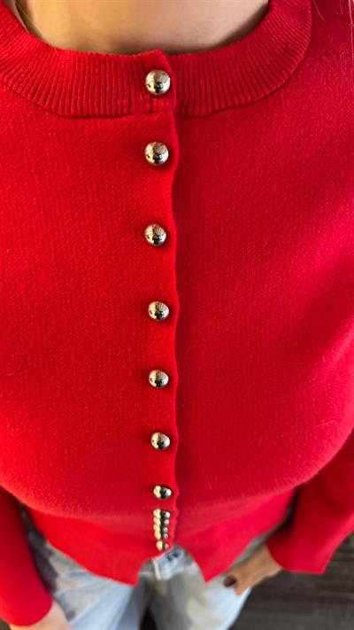 KIRMIZI ÖNDEN GOLD DÜĞMELİ TRİKO HIRKA