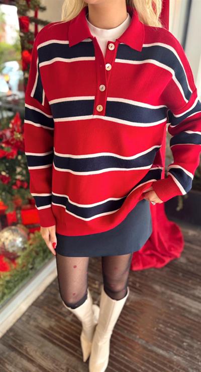 KIRMIZI POLO YAKA ŞERİTLİ KAZAK