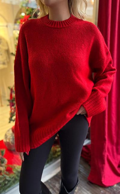 KIRMIZI RİBANA YAKA TRİKO OVERSİZE KAZAK