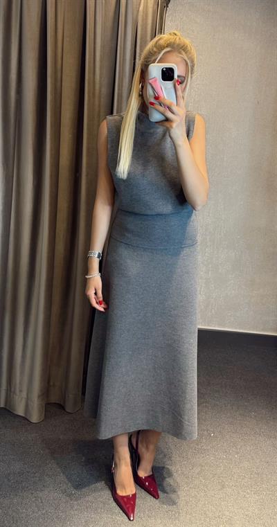 KOLSUZ ETEK BLUZ ÖRME TRİKO TAKIM GRİ