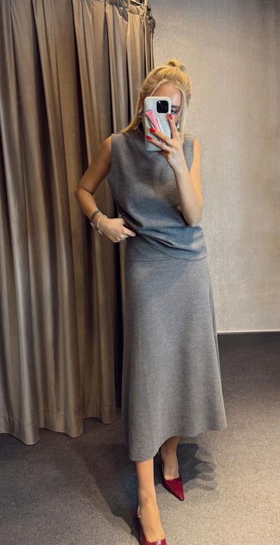 KOLSUZ ETEK BLUZ ÖRME TRİKO TAKIM GRİ