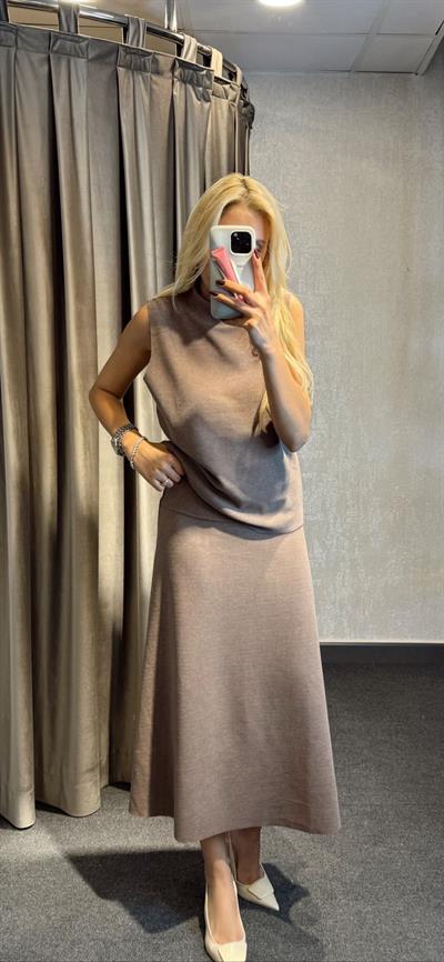 KOLSUZ ETEK BLUZ ÖRME TRİKO TAKIM VİZON