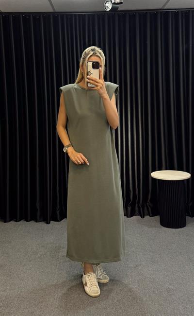 KOLSUZ VATKALI MİDİ BOY MODAL ELBİSE HAKİ