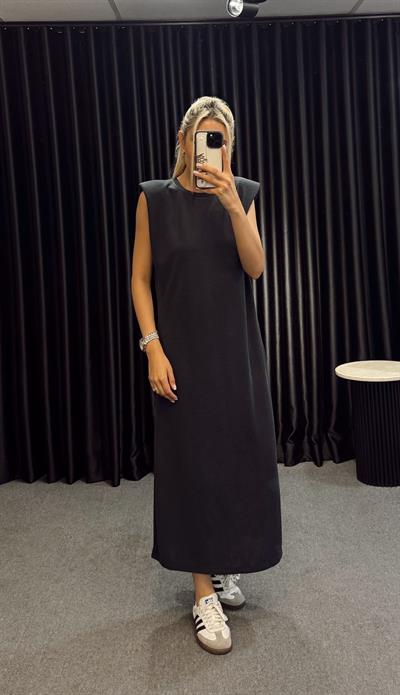 KOLSUZ VATKALI MİDİ BOY MODAL ELBİSE LACİVERT