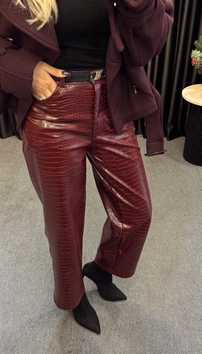 KROKODİL DESEN DERİ PANTOLON BORDO