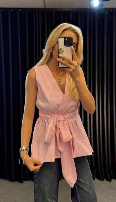 KUŞAKLI ANVELOP YAKA BLUZ PEMBE