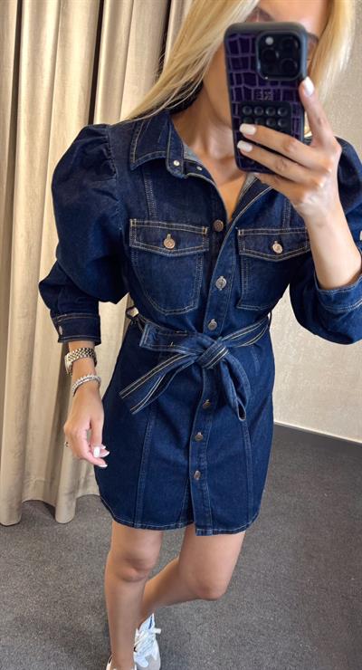 KUŞAKLI DENİM ELBİSE KOYU MAVİ