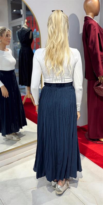 LACİVERT ASİMETRİK BELDEN LASTİKLİ KIRIŞIK ETEK