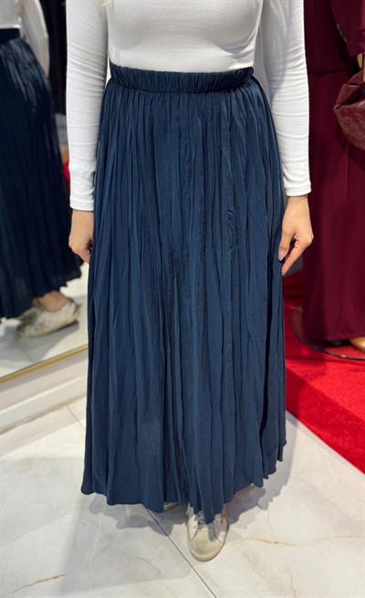 LACİVERT ASİMETRİK BELDEN LASTİKLİ KIRIŞIK ETEK