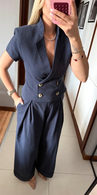 LACİVERT BELDEN OTURTMALI KETEN BLUZ PANTOLON TAKIM