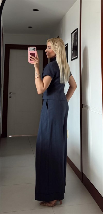 LACİVERT BELDEN OTURTMALI KETEN BLUZ PANTOLON TAKIM