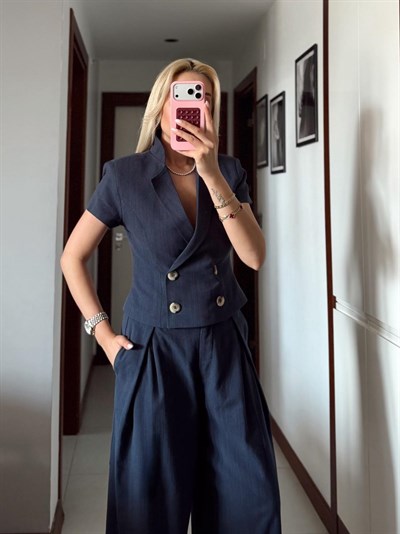 LACİVERT BELDEN OTURTMALI KETEN BLUZ PANTOLON TAKIM
