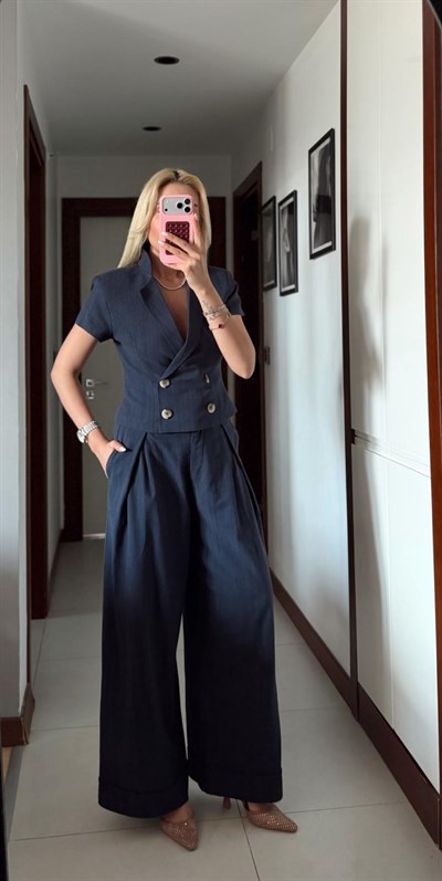 LACİVERT BELDEN OTURTMALI KETEN BLUZ PANTOLON TAKIM