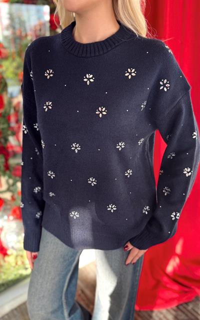 LACİVERT ÇİÇEK TAŞLI TRİKO KAZAK