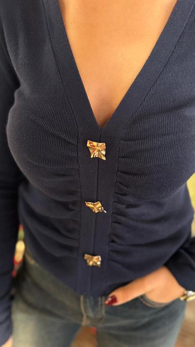 LACİVERT DİLVİN V YAKA DÜĞMELİ TRİKO BLUZ