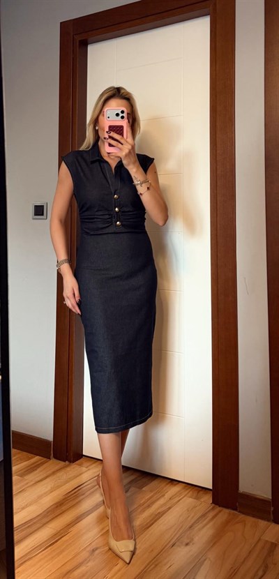 LACİVERT DRAPELİ KOLSUZ DÜĞMELİ DENİM ELBİSE