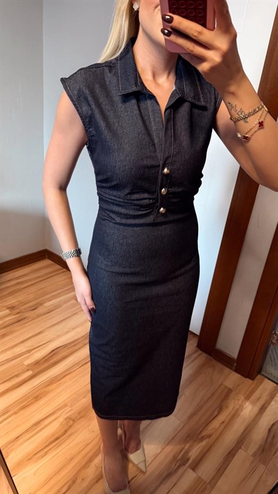 LACİVERT DRAPELİ KOLSUZ DÜĞMELİ DENİM ELBİSE