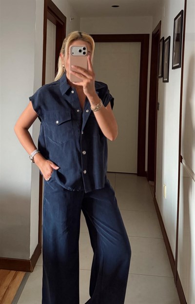 LACİVERT ENORA TENSEL SİLVER DÜĞMELİ YELEK PANTOLON TAKIM