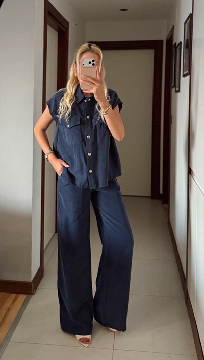 LACİVERT ENORA TENSEL SİLVER DÜĞMELİ YELEK PANTOLON TAKIM
