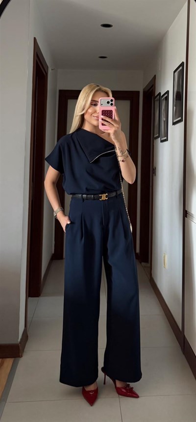 LACİVERT FERMUAR DETAYLI BLUZ PANTOLON TAKIM