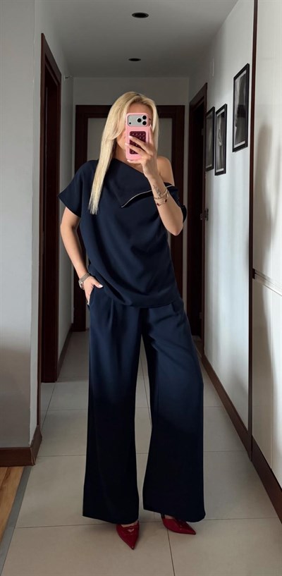 LACİVERT FERMUAR DETAYLI BLUZ PANTOLON TAKIM
