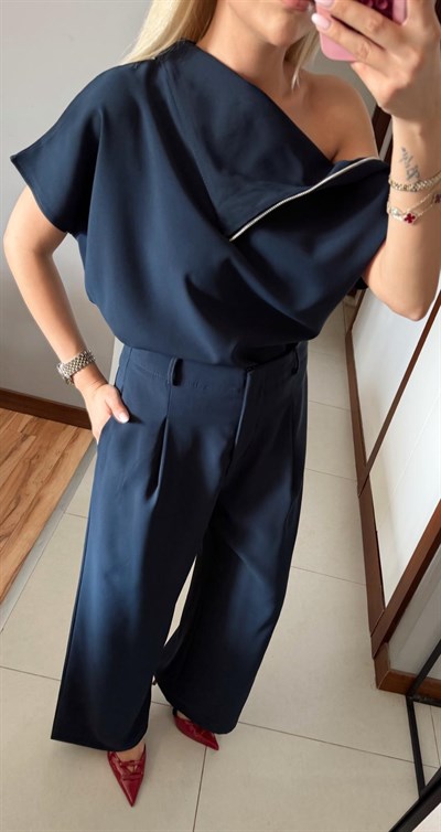 LACİVERT FERMUAR DETAYLI BLUZ PANTOLON TAKIM