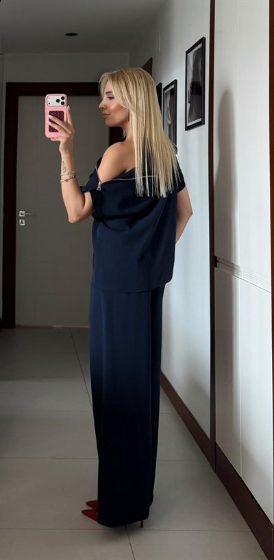 LACİVERT FERMUAR DETAYLI BLUZ PANTOLON TAKIM