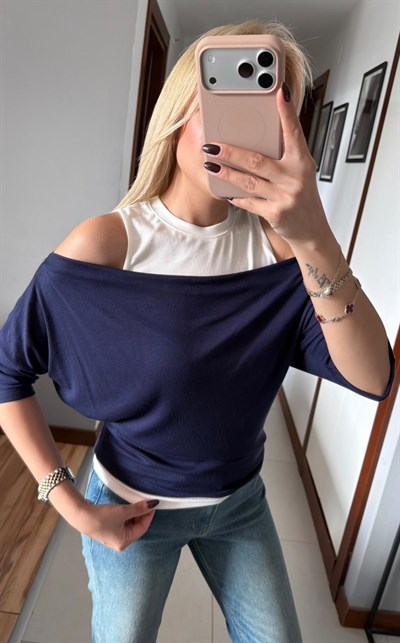 LACİVERT KAYIK YAKA ÇIKARILABİLİR BLUZ ATLET TSHİRT TAKIM
