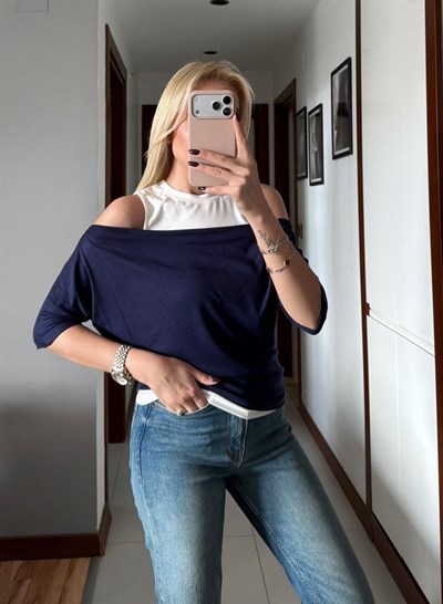 LACİVERT KAYIK YAKA ÇIKARILABİLİR BLUZ ATLET TSHİRT TAKIM