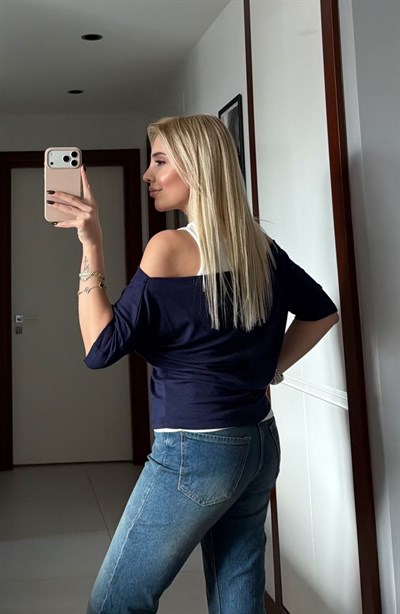 LACİVERT KAYIK YAKA ÇIKARILABİLİR BLUZ ATLET TSHİRT TAKIM