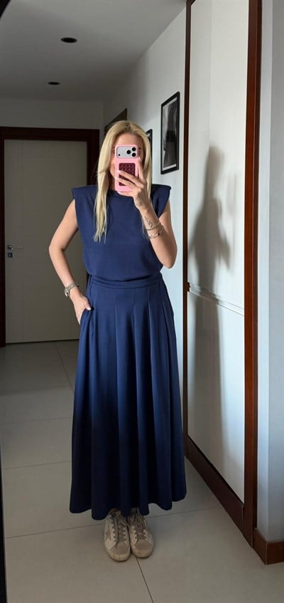 LACİVERT MODAL VATKALI BLUZ ETEK TAKIM