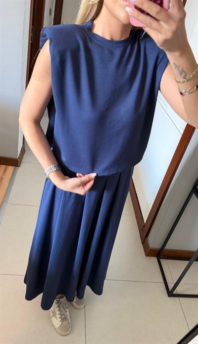 LACİVERT MODAL VATKALI BLUZ ETEK TAKIM