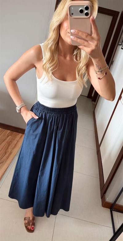 LACİVERT POPLİN VOLANLI CEPLİ ETEK