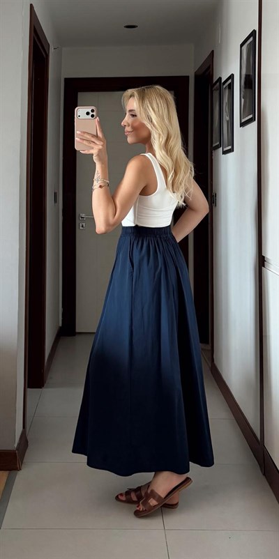LACİVERT POPLİN VOLANLI CEPLİ ETEK