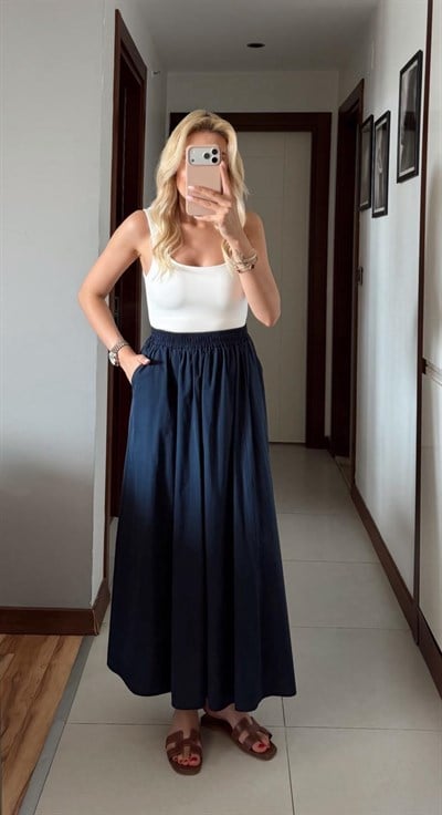 LACİVERT POPLİN VOLANLI CEPLİ ETEK