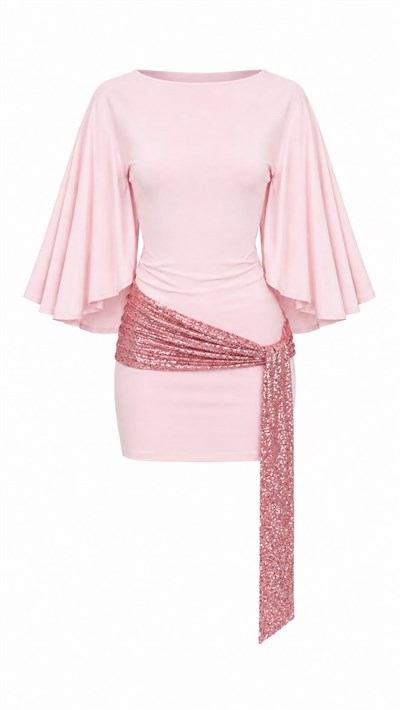 LADY PEMBE PAYET KUŞAKLI SIRT DEKOLTELİ ELBİSE
