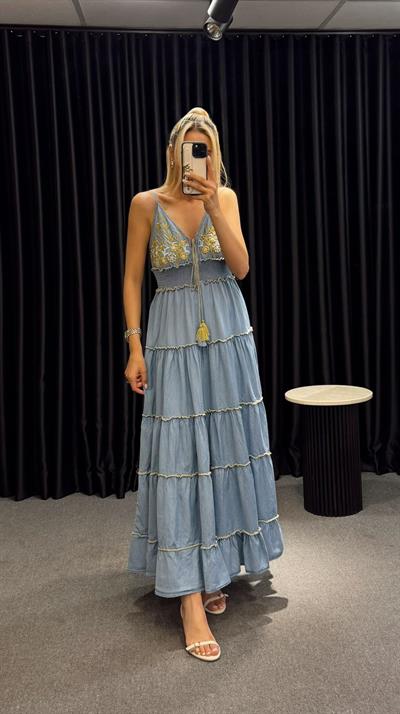 LİMİTED TASARIM NAKIŞ İŞLEME DENİM MAXİ ELBİSE MAVİ