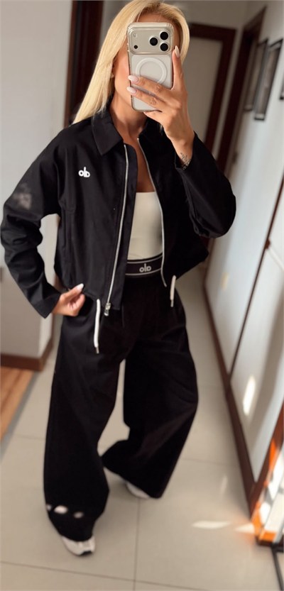 LOLA SİYAH FERMUARLI BÜZGÜLÜ CEKET PANTOLON TAKIM
