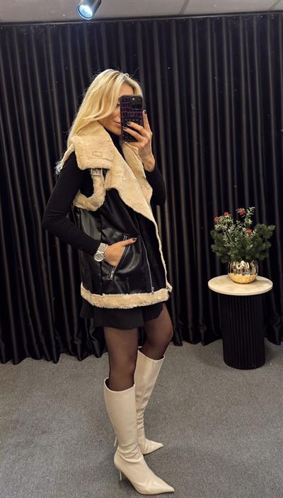 MARKA MODEL İÇİ KÜRKLÜ KEMERLİ YELEK SİYAH