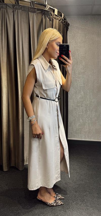 MARKA MODEL KEMERLİ GÖMLEK ELBİSE BEJ