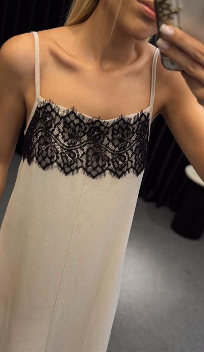 MARKA MODEL KETEN DANTEL DETAY ELBİSE BEJ