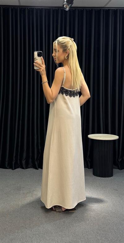 MARKA MODEL KETEN DANTEL DETAY ELBİSE BEJ