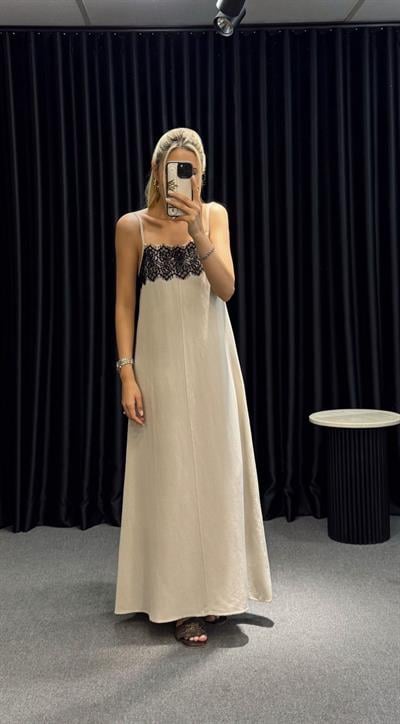 MARKA MODEL KETEN DANTEL DETAY ELBİSE BEJ